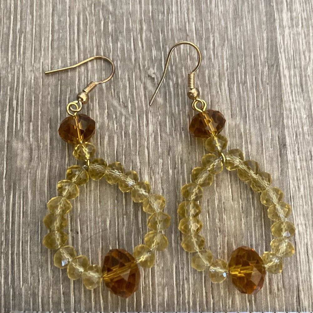 Women’s Gold Tone Beaded Drop Earrings Amber Crystal Dangle Boho Style